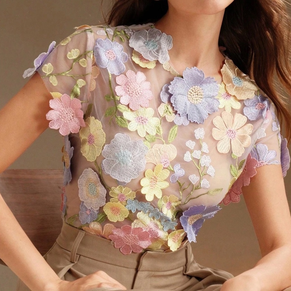 Boho Pastel floral Appliqué Cottagecore blouse - Picture 2 of 8